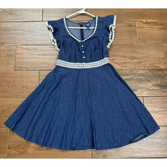 Disney Dresses & Skirts - Womens Disney Beauty & The Beast Sz M Belle Denim Dress White Lace Vneck Cosplay